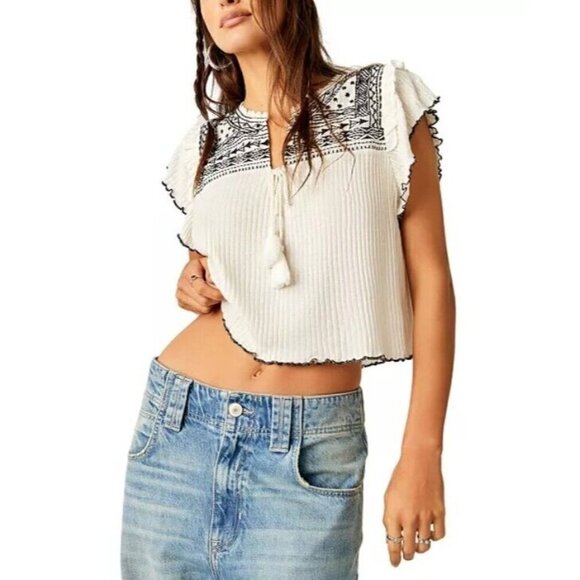 NEW FREE PEOPLE SARAFINA IVORY COMBO EMBROIDERED TASSEL TOP SZ MEDIUM - Picture 1 of 10